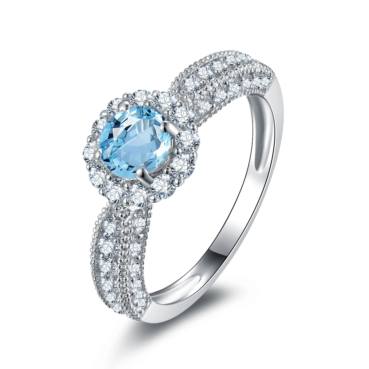 

QYI 925 Sterling Silver Natural Sky Blue Topaz Ring Luxury 0.8 Ct Round Cut Gemstone Engagement Wedding Ring For Women