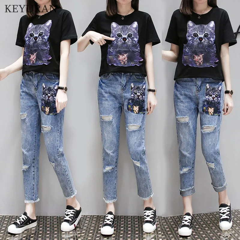 Летний женский повседневный костюм размера плюс L 5XL футболка с рисунком кота +
