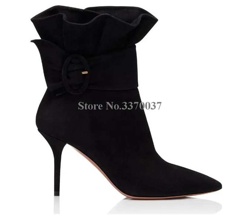 Женские замшевые ботильоны с острым носком на тонком каблуке рюшами красного