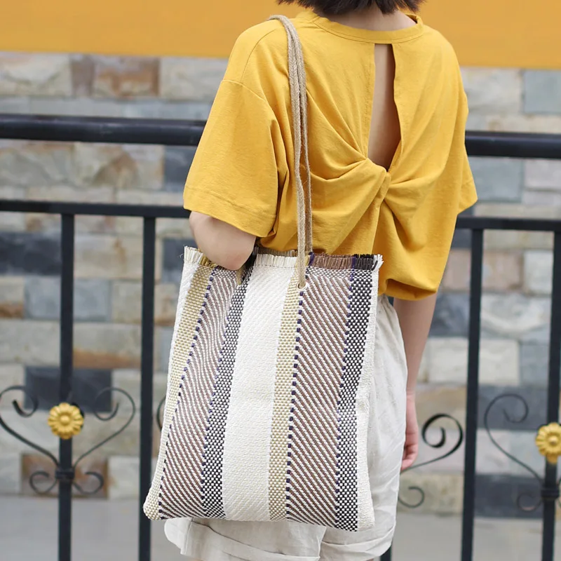 

Striped Pattern Casual Tote Bag for Women 2021 Canvas Fabric Fashion Handbag for Teenager Female Handbag Open Leisure Soft Bag