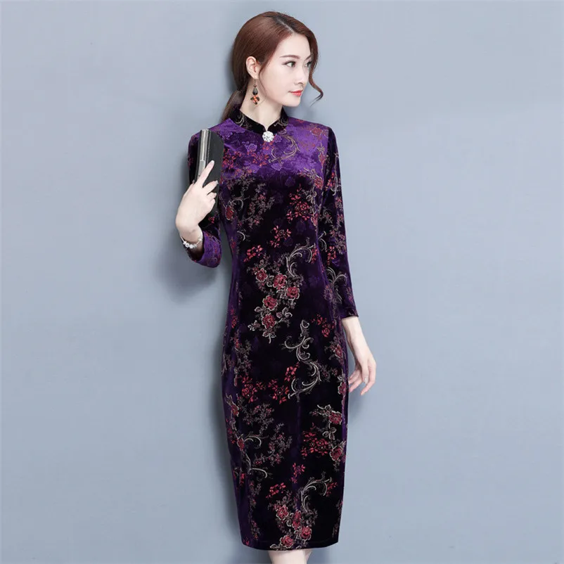 Blue Navy Classic Vintage Traditional Chinese Style Elegant Cheongsam Dress Charming Long Sleeve Mid-Calf Evening Qipao Dresses |