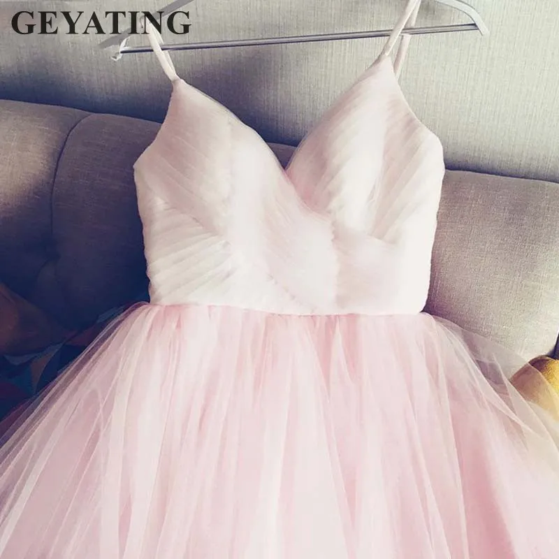 Розовый Простое Белое Тюлевое румяное розовое свадебное платье реальные фотографии на тонких бретелях цвета шампанского с открытой спиной Boho пляжные свадебные платья Новые - Цвет: Розовый