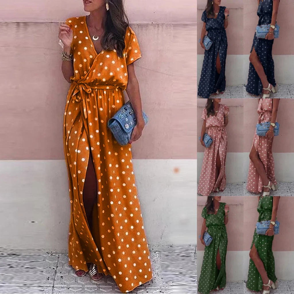 Платье женское длинное в горошек пикантное розовое с V-образным вырезом открытой