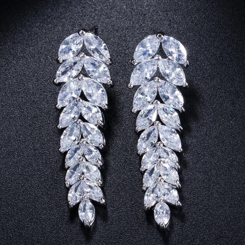 Женские вечерние нные серьги подвески с фианитом цвета белого золота|dangling earrings for
