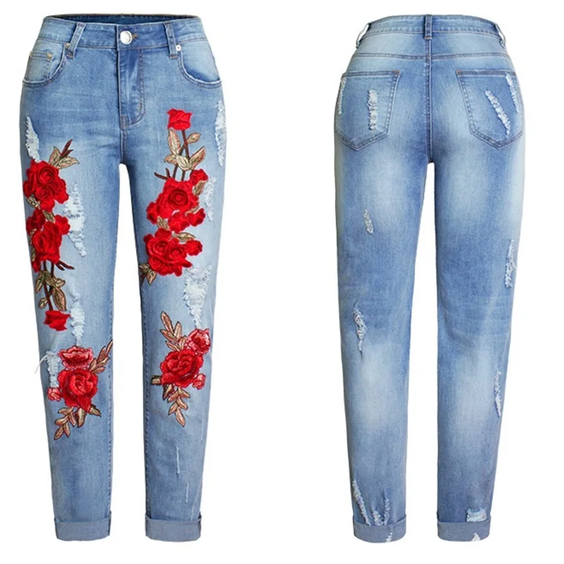 Женские джинсы с вышивкой Mom jeans в Корейском стиле розами модель 2018 года TA910| |
