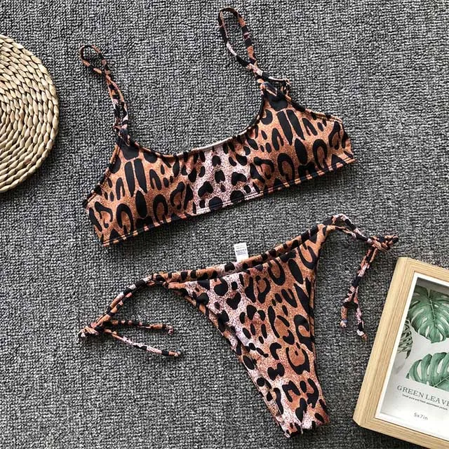 B044Brown2 Бандо мини стринги бикини Леопардовый купальник женское микро-Бикини Набор Купальники Женская пляжная одежда купальный костюм - Цвет: B044Brown2