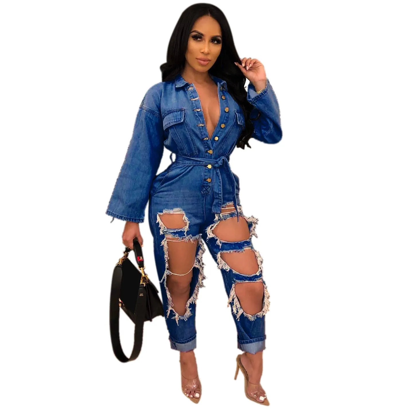 Женские джинсовые комбинезоны с рваными дырками комбинезон длинными рукавами