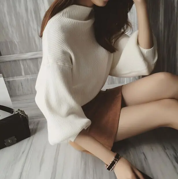 Turtleneck Winter Knitted Sweater Women Lantern Sleeve Loose Gray White Red Black Pullover Female Soft Warm Autumn Casual Jumper | Женская