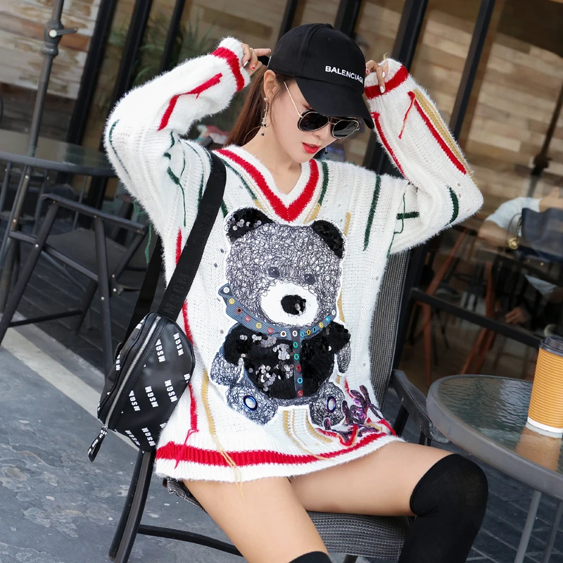 European station 2020 autumn new ladies sweater ageing V-neck cartoon long loose dress female tide | Женская одежда