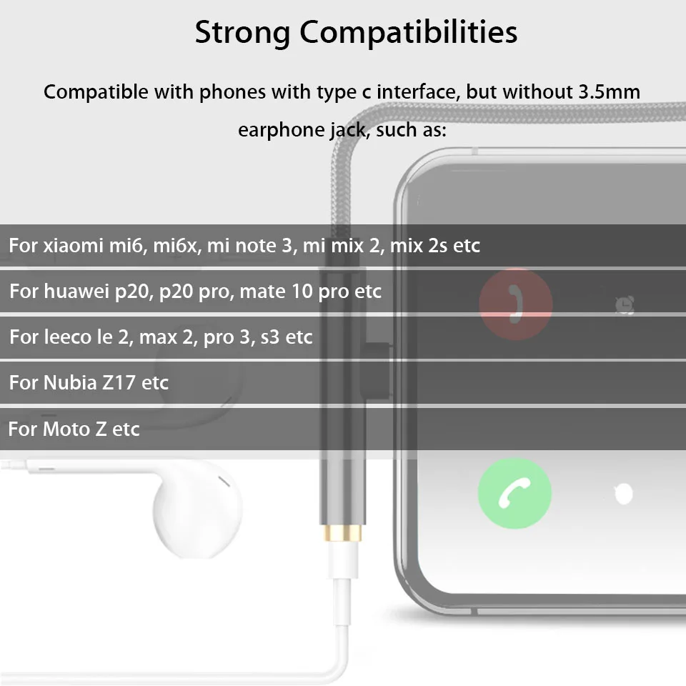 USB Type C male to 3.5mm Jack Earphone Adapter Cable AUX Audio For Xiaomi Mi 6 8 SE 6x Huawei P20 Mate 10 Pro Type-C Fast Charge | Мобильные