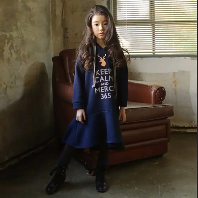 Fall Winter Girl Dresses Long Sleeve Hooded Dress For Teens Casual Cartoon Letter Print Kids Clothes Princess A-line Mini | Детская