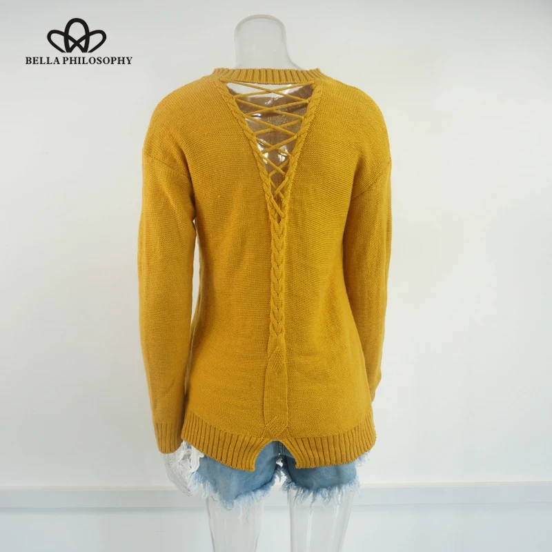 Женский свитер Bella Philosophy серый желтый хаки Повседневный на шнуровке сзади с