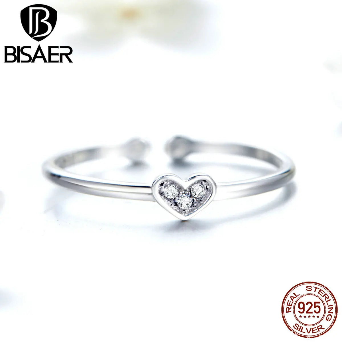 BISAER,, 925 пробы, серебряное кольцо на палец с сердечком, прозрачный кубический циркон, регулируемые кольца для женщин, кольцо, ювелирное изделие ECR491
