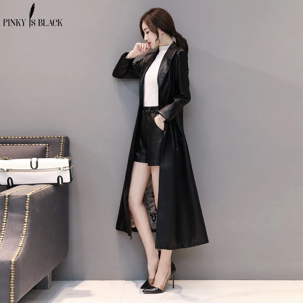PinkyIsBlack Spring Autumn Women Leather Jacket Fashion PU Leather Coats X-long Single Breasted Turn Down Collar Leather Jacket