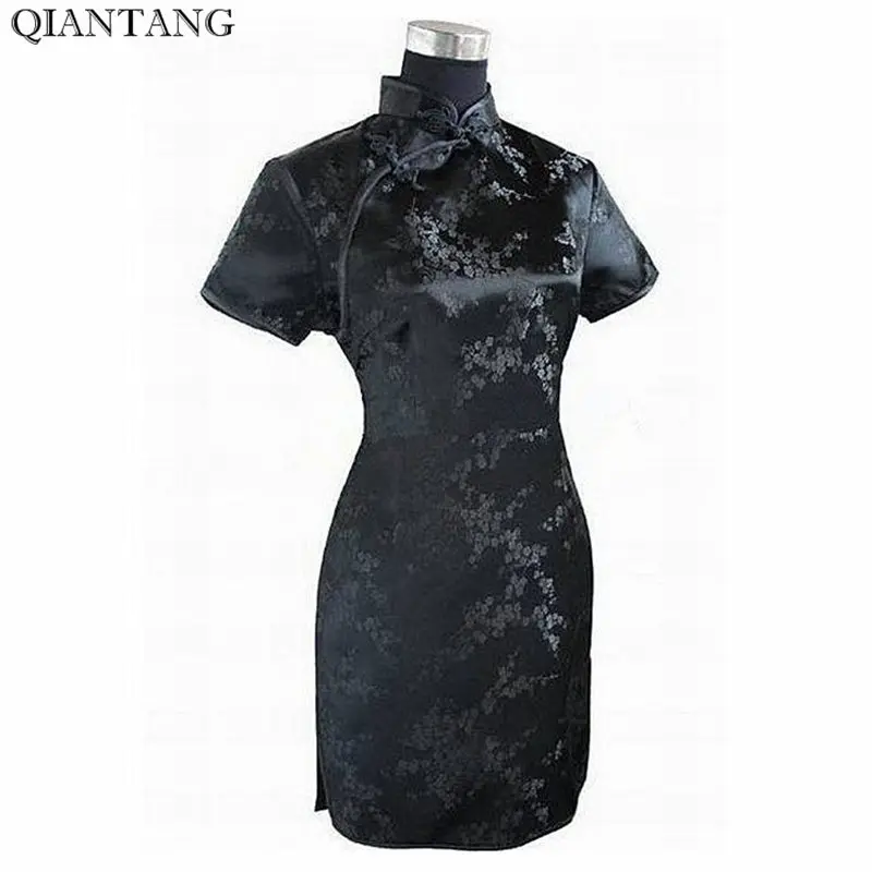 Black Traditional Chinese Dress Mujer Vestido Women's Satin Qipao Mini Cheongsam Flower Size S M L XL XXL XXXL 4XL 5XL 6XL J4039