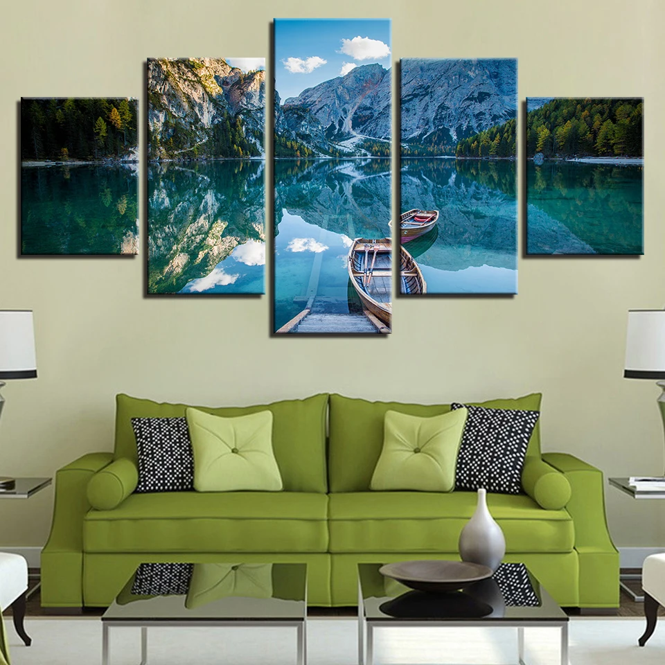 

Canvas painting poster 5 pieces snow mountain boat lake tree nature landscape picture living room home decoration