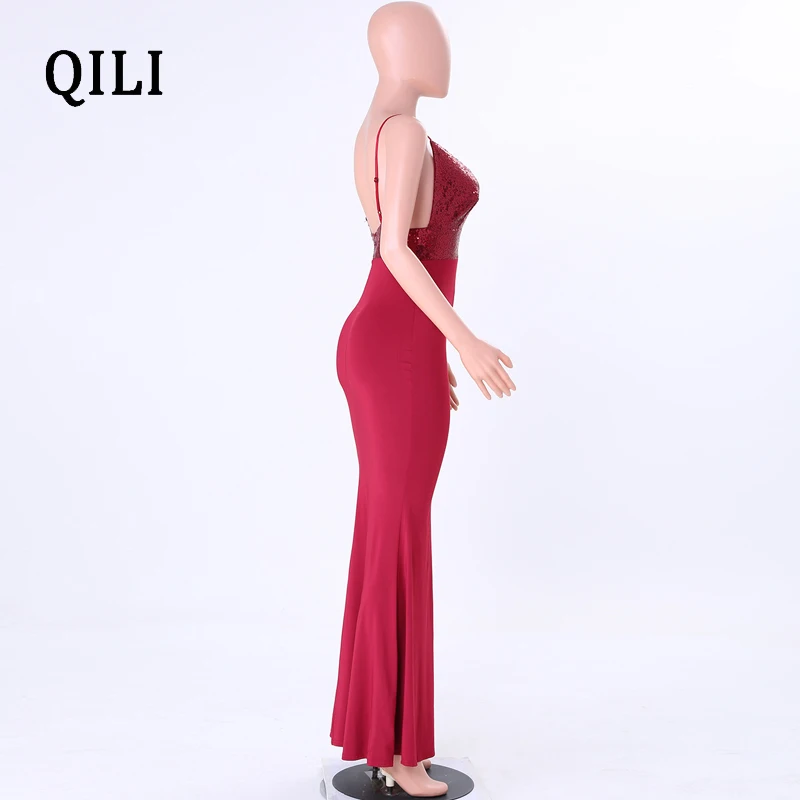 QILI с v-образным вырезом, расшитое блестками платье с русалочкой Для женщин ремень Высокая Талия Длинные плате макси в стиле "Бохо" Стиль пикантные вечерние элегантные женские женское платье халат