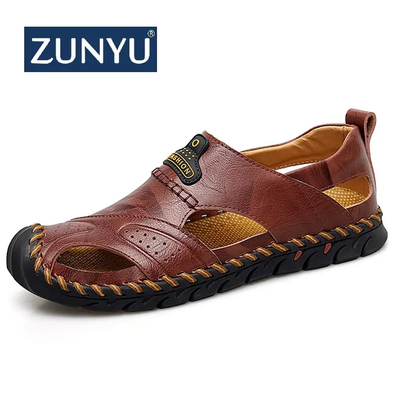 ZUNYU/мужские кожаные пляжные сандалии летняя Уличная обувь для мужчин дышащая