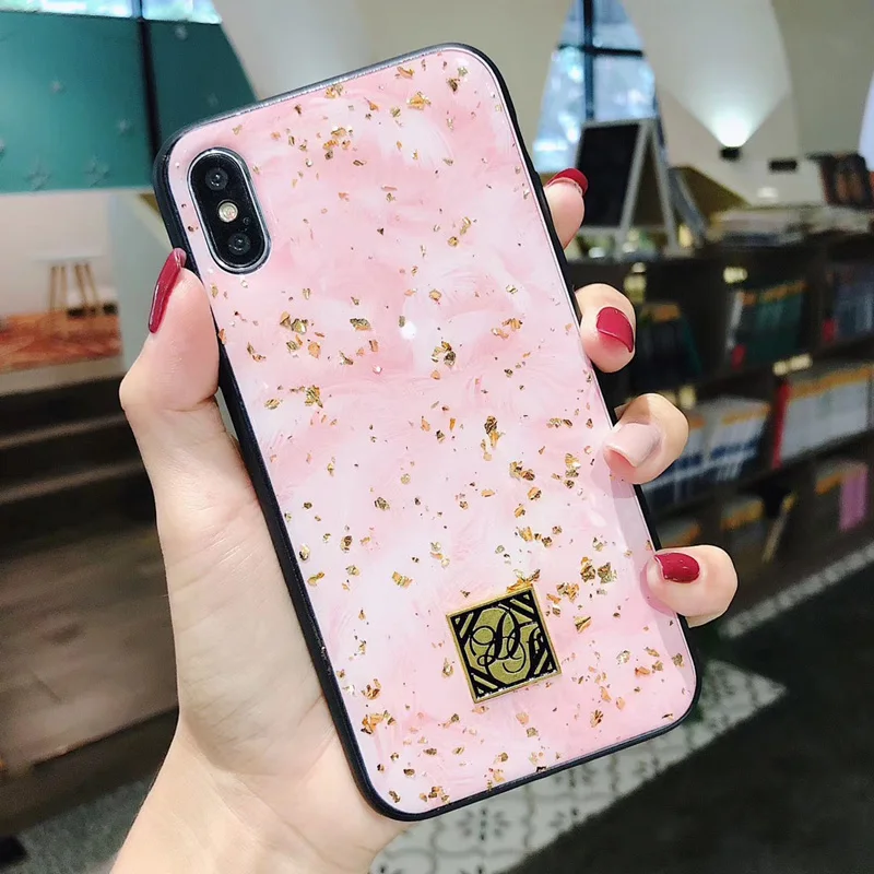 For IphoneXS MAX/XR/8plus Luxury Fashion Sika Deer Pattern Fox Skin Flamingo Feather Glitter Glass Gold leaf TPU Soft Phone Case |
