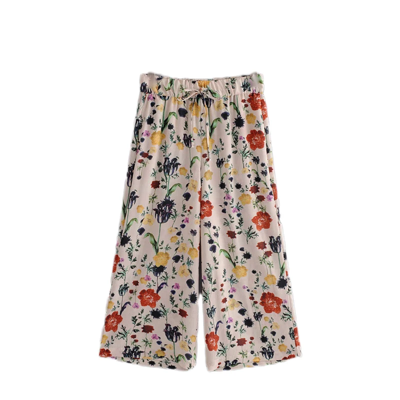 Винтаж Цветочный принт Широкие брюки Для женщин свободные дамы летние