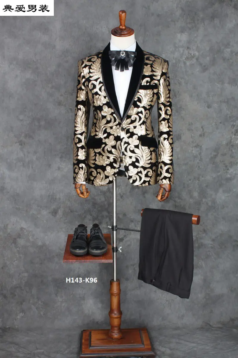 100%real mens stars/golden sequins embroidery black/blue tuxedo suit /event/evening/stage performance