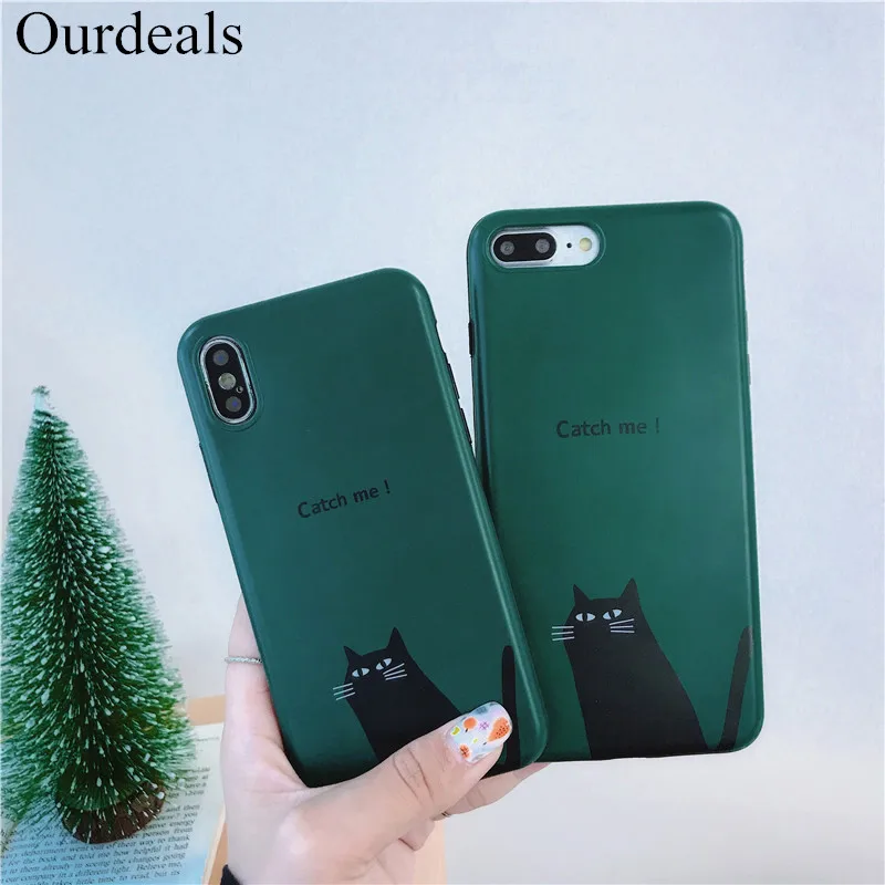 Ourdeals темно зеленый милый мультяшный Кот Чехол для телефона iphone 8 7 plus XS MAX XR X 6 6s матовый мягкий чехол задняя