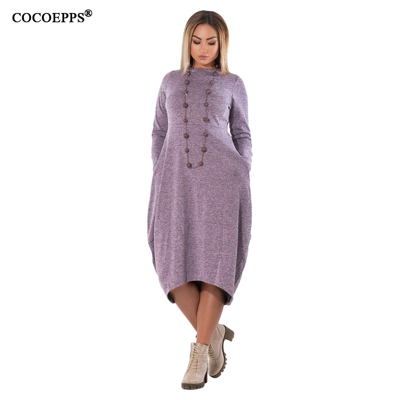2019 large size winter midi dress O-neck loose casual 5XL 6XL Plus long sleeve women autumn elegant vestidos | Женская одежда