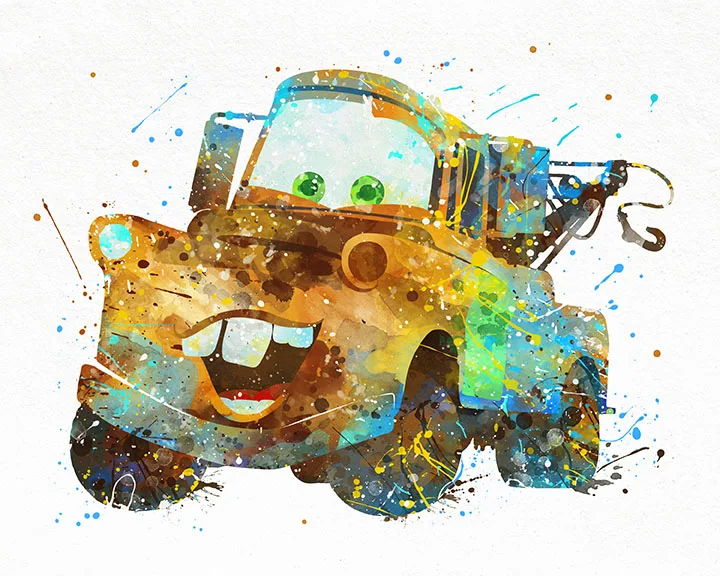 Цвет: желтый Cars Mater картина принт, акварель плакат печать, детская комната Настенный декор, детские книги по искусству, идея подарка - Цвет: Цвет: желтый