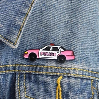 pink police car enamel pin cute vintage car badge brooch lapel pin denim jeans shirt bag cartoon jewelry gift for friends kids