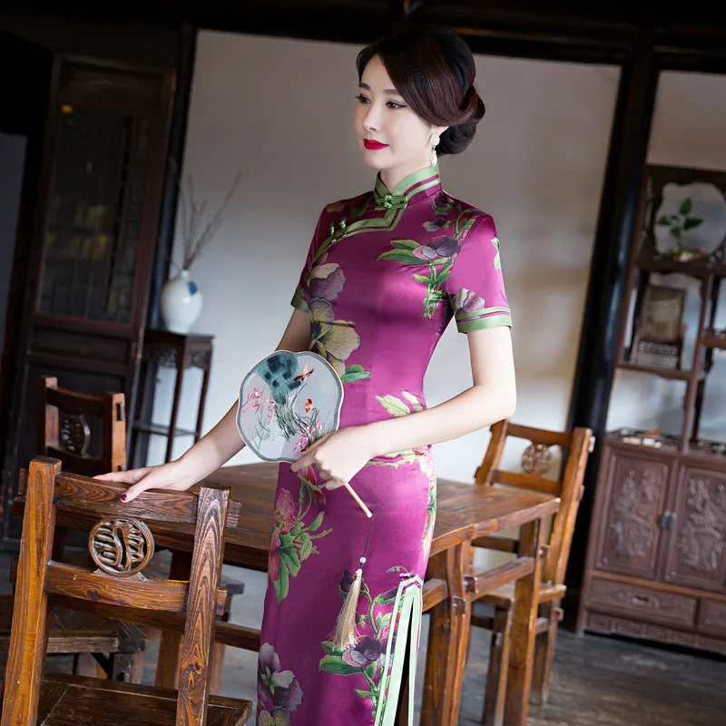 Sheng Coco 4XL фиолетовый Qipao цветы платья традиционная китайская леди длинное шелковое вечернее платье фиолетовое парча Новинка Cheongsam