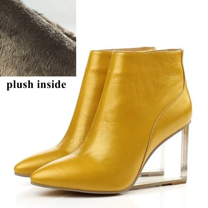 ALLBITEFO/size33-41; брендовые Модные женские ботинки из натуральной кожи; Ботильоны на танкетке со стразами; женские вечерние туфли; женская обувь на высоком каблуке - Цвет: plush inside