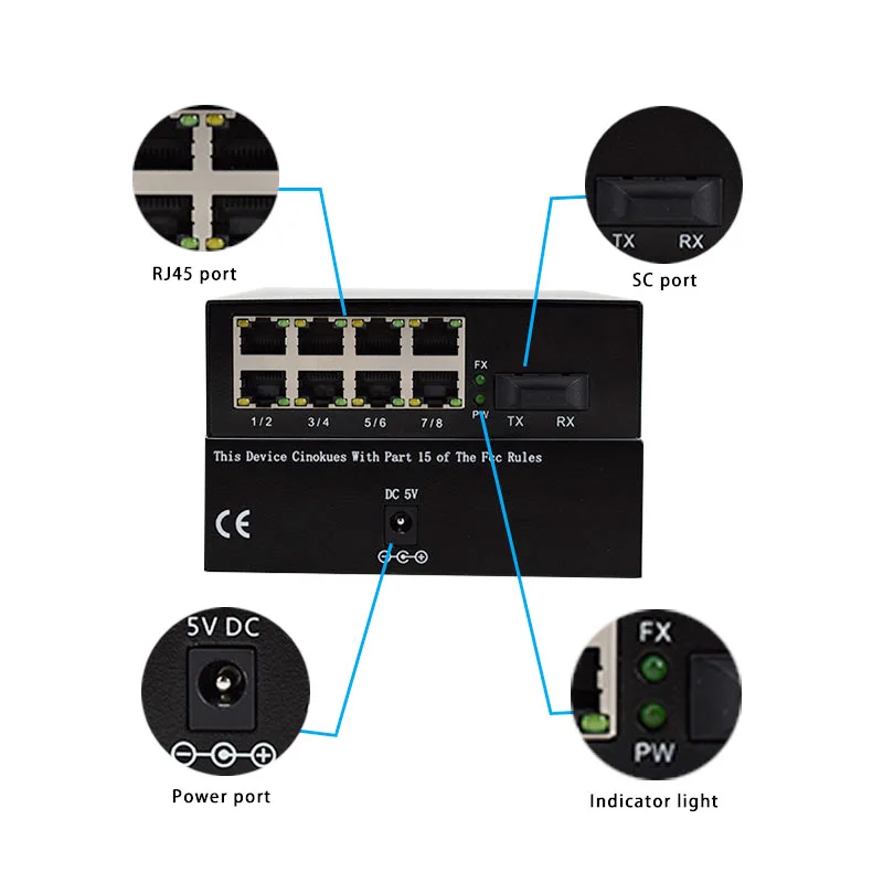 8 портов Ethernet медиаконвертер 10/100 м + 1 оптоволоконный порт Оптический SC 1310/1550nm шт. |
