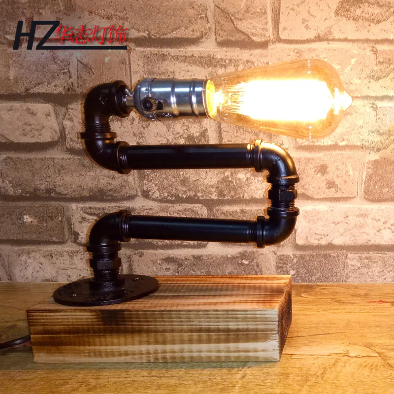 Vintage Industrial Style Loft Distressed Iron Black Painted Water Pipe Table Lamp with E27 Edison Bulb Retractable for Cafe Bar