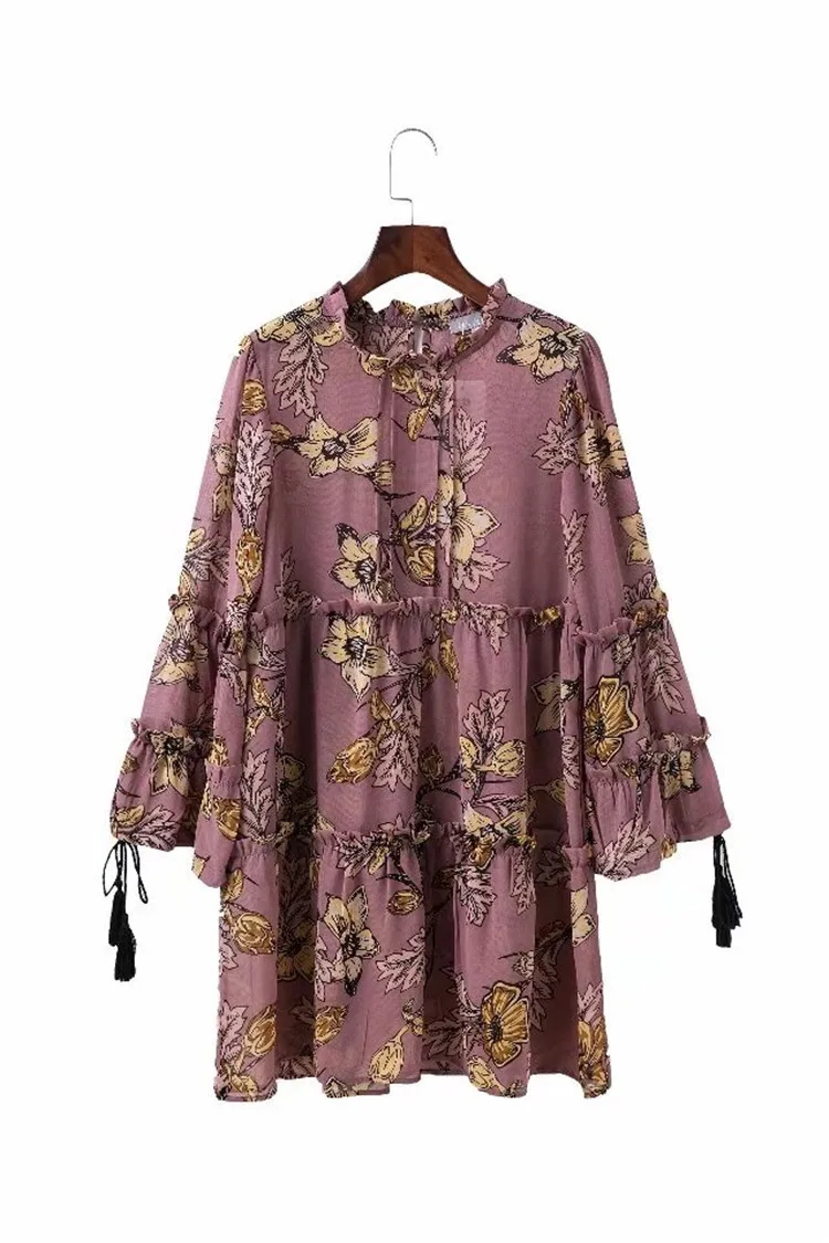 Коричневый BOHO люди весна лето короткое платье макси хиппи одежда для пляжного отдыха цветочный принт платья с кисточками О-образным вырезом женское богемное платье - Цвет: Коричневый