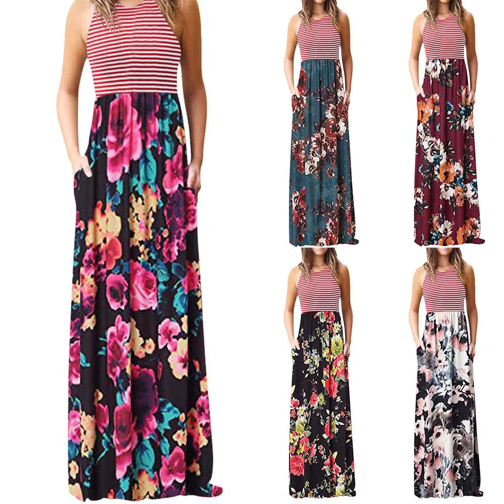 Женское длинное платье в полоску с круглым вырезом без рукавов|Женские платья| |