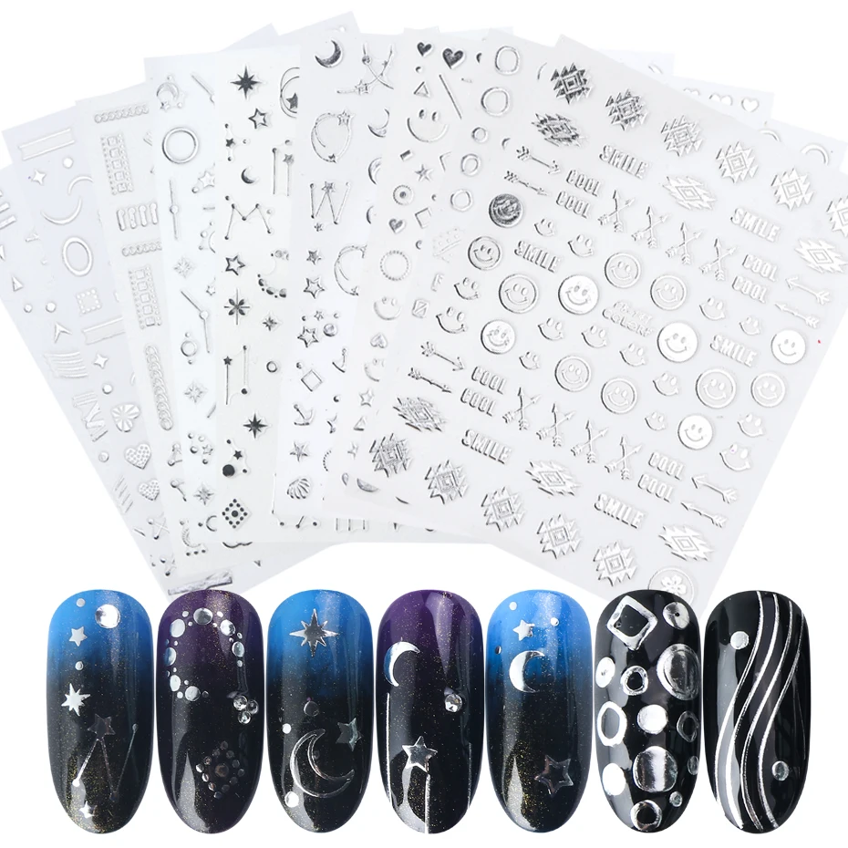 8 шт., стикеры 3D на ногти Nail Art, золотые, серебристые, Микс дизайнов, Слайдеры для ногтей, клейкие, для маникюра, украшения для ногтей, SACB133-141-1
