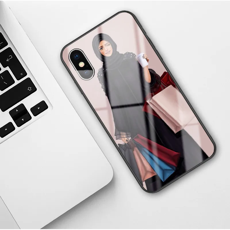 Glass shell Роскошный женский стеклянный чехол для телефона для iPhone X 6 6S 7 8 Plus XR XS MAX Модный мусульманский черный чехол для iPhone 11 Pro Max - Цвет: Glass shell