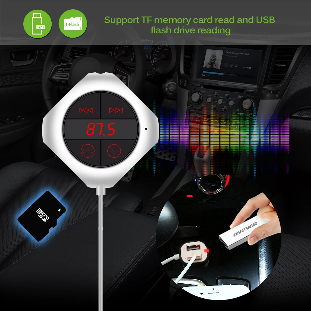 Onever 6 в 1 Bluetooth автомобильный набор, свободные руки, без использования рук, fm передатчик двойной зарядное устройство USB 3,5 мм разъем линейного входа Поддержка SD/TF устройство для чтения карт воспроизведения музыки