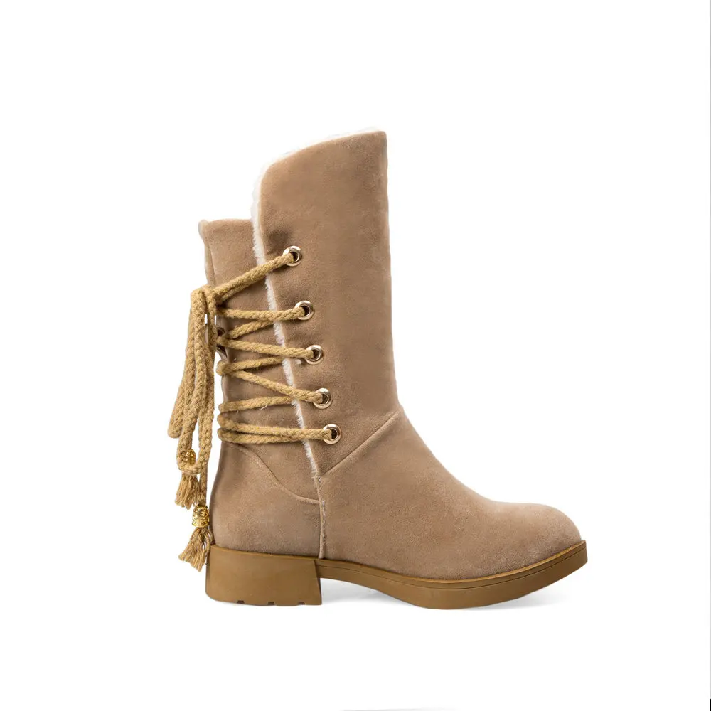 AIWEIYi Mid-calf Boots for Women Flock Round toe Square Heel Low Heels Martin Lace Up Warm Fur Snow | Обувь