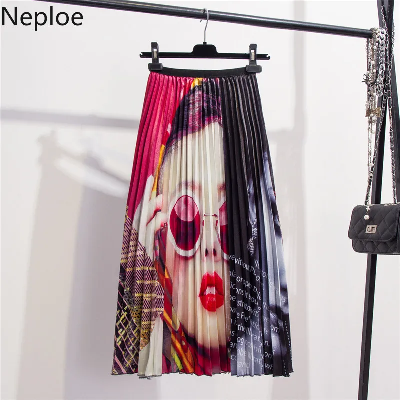 Neploe Pleated Skirt Women Summer 2020 Sunglasses Beauty Print Skirts Letter Elastic Waist Jupe 43630 | Женская одежда