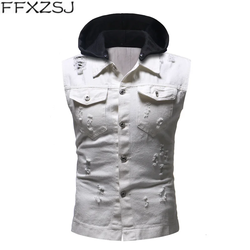 

FFXZSJ Brand 2019 Men's clothes jaqueta masculina Autumn Winter Destroyed Vintage Denim Hoodie Jacket Waistcoat Blouse Vest