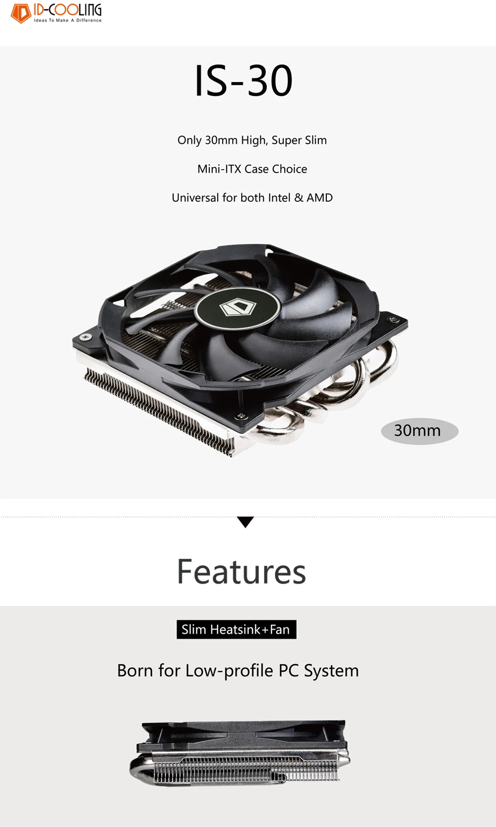 ID-COOLING is-30 для мини-itx и HTPC систем низкопрофильный кулер для процессора ультра тонкий, 92 мм PWM вентилятор, высота всего 30 мм, для Intel& AMD
