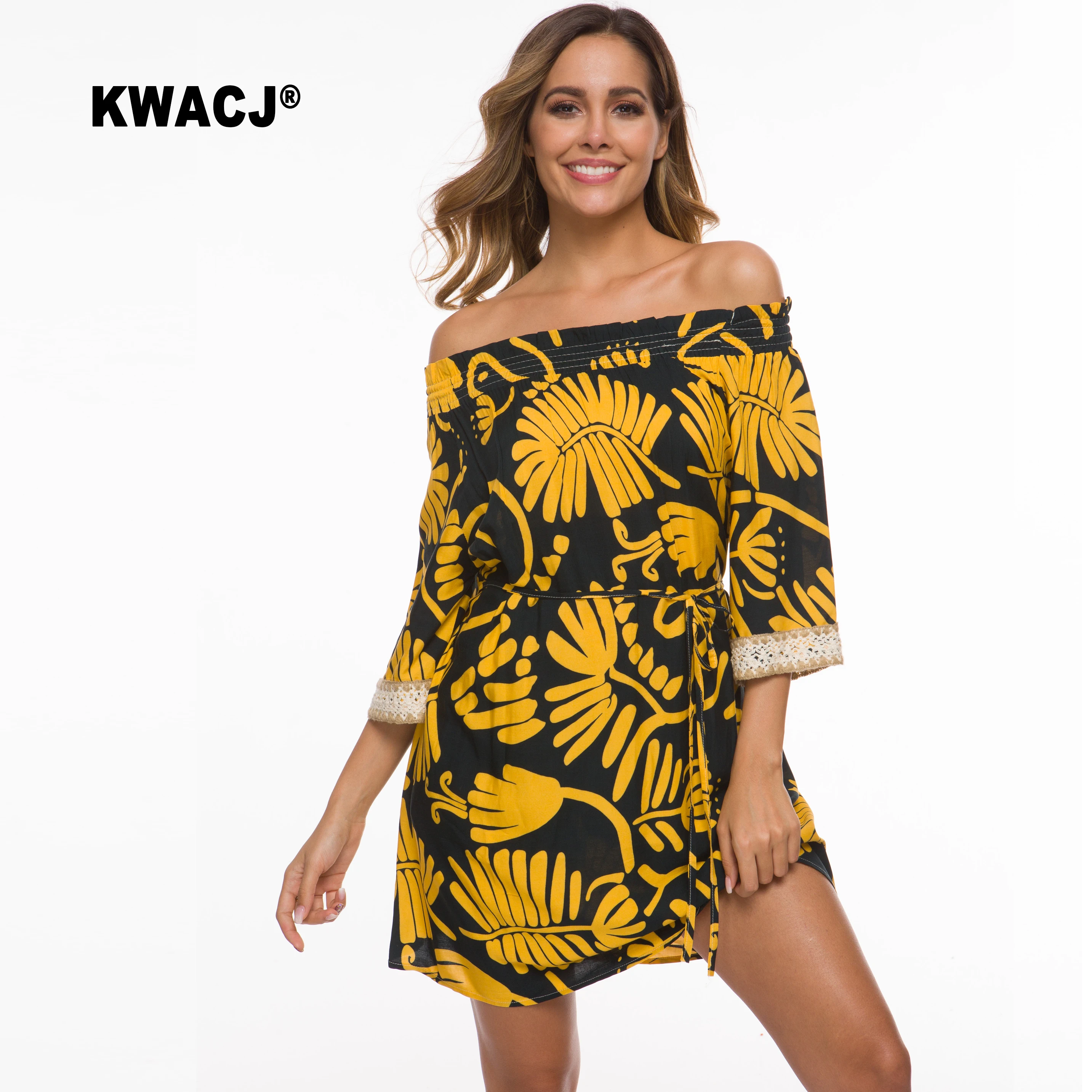 KWACJ Boho желтое платье с цветочным принтом и открытыми плечами женские летние