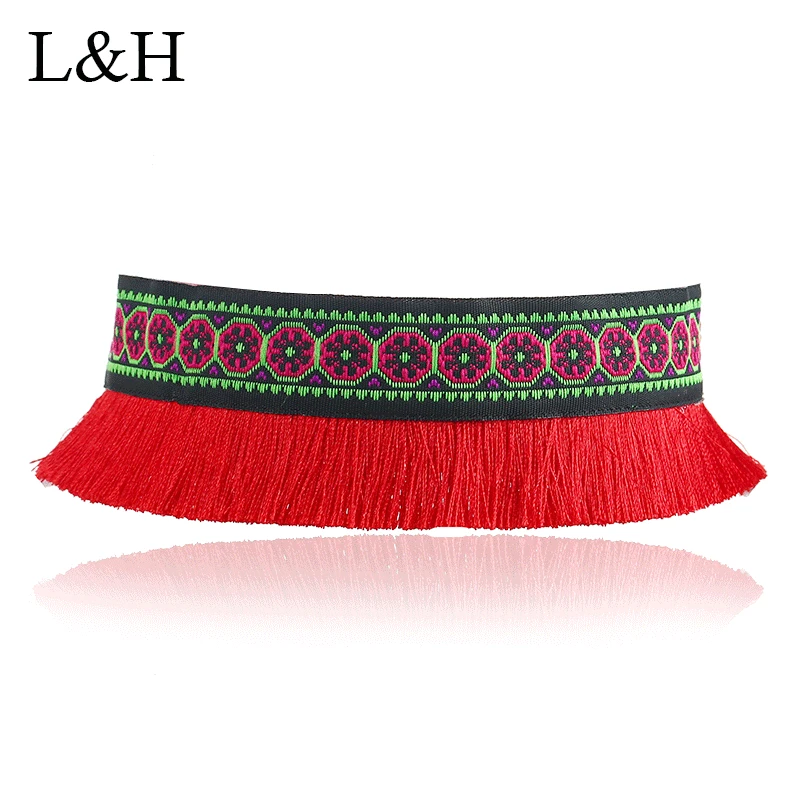 

Ethnic Handmade Floral Embroidery Fabric Tassel Choker Necklace For Women Maxi Statement Party Jewelry collier femme