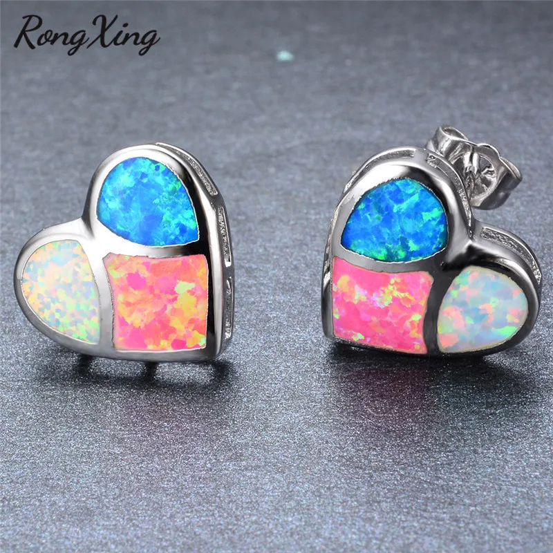 RongXing Silver Color White/Blue/Multicolor Fire Opal Heart Stud Earrings for Women Fashion Studs Jewelry Ear0559 | Украшения и