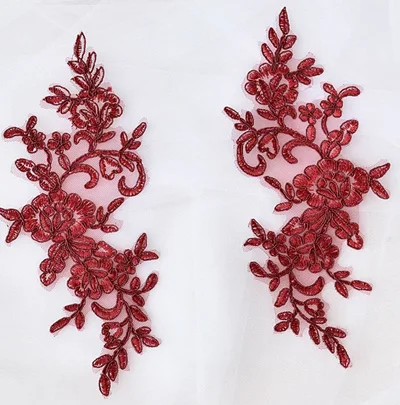 Wine red Вышитая кружевная аппликация с кружевной отделкой для DIY свадебного платья белого/Красного/белого цвета с серебристым цветом 4 шт/2 пары 24,5*9,5 см - Цвет: Wine red