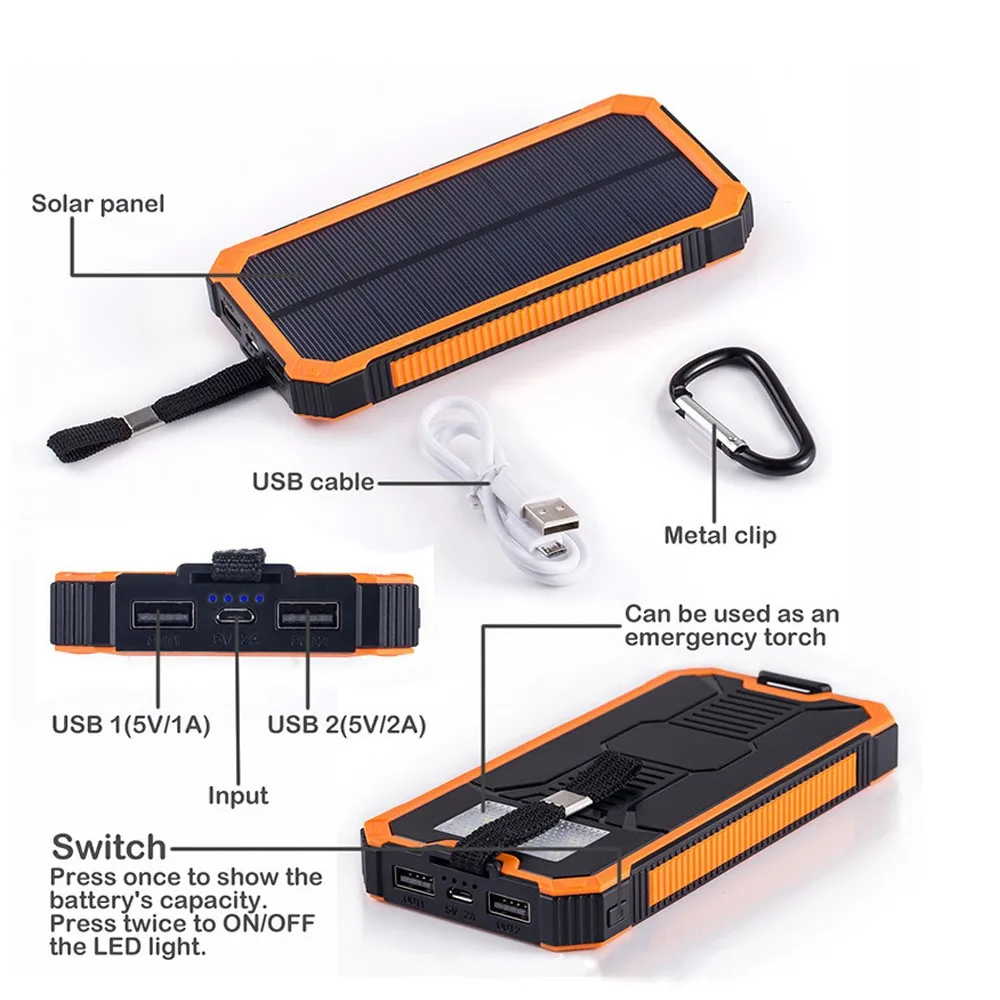 Новый внешний аккумулятор на солнечной батарее с двумя usb портами 20000 мАч