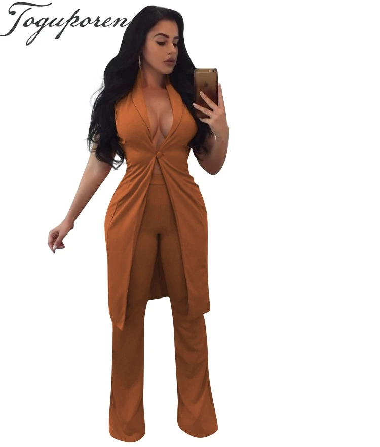 Новый модный дизайн 2018 повседневные женские комплекты длинный без рукавов брюки