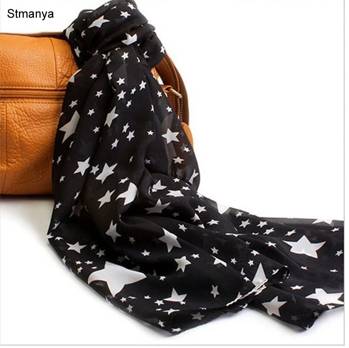 Star Black Женский шифоновый шарф 150*45 см тонкие стильные шарфы с принтом кошки звезды леопарда шали и шарфы лучший подарок на вечеринку 22009 - Цвет: Star Black