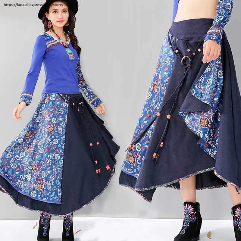 Ретро boho печатных Асимметричная для женщин Длинная юбка осень зима Высокая талия